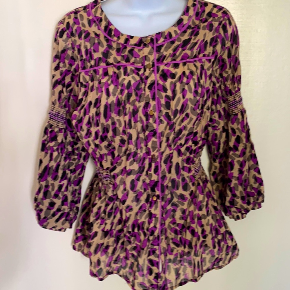 Matthew Williamson 100% cotton 3/4 bell sleeve printed multicolor pleated blouse